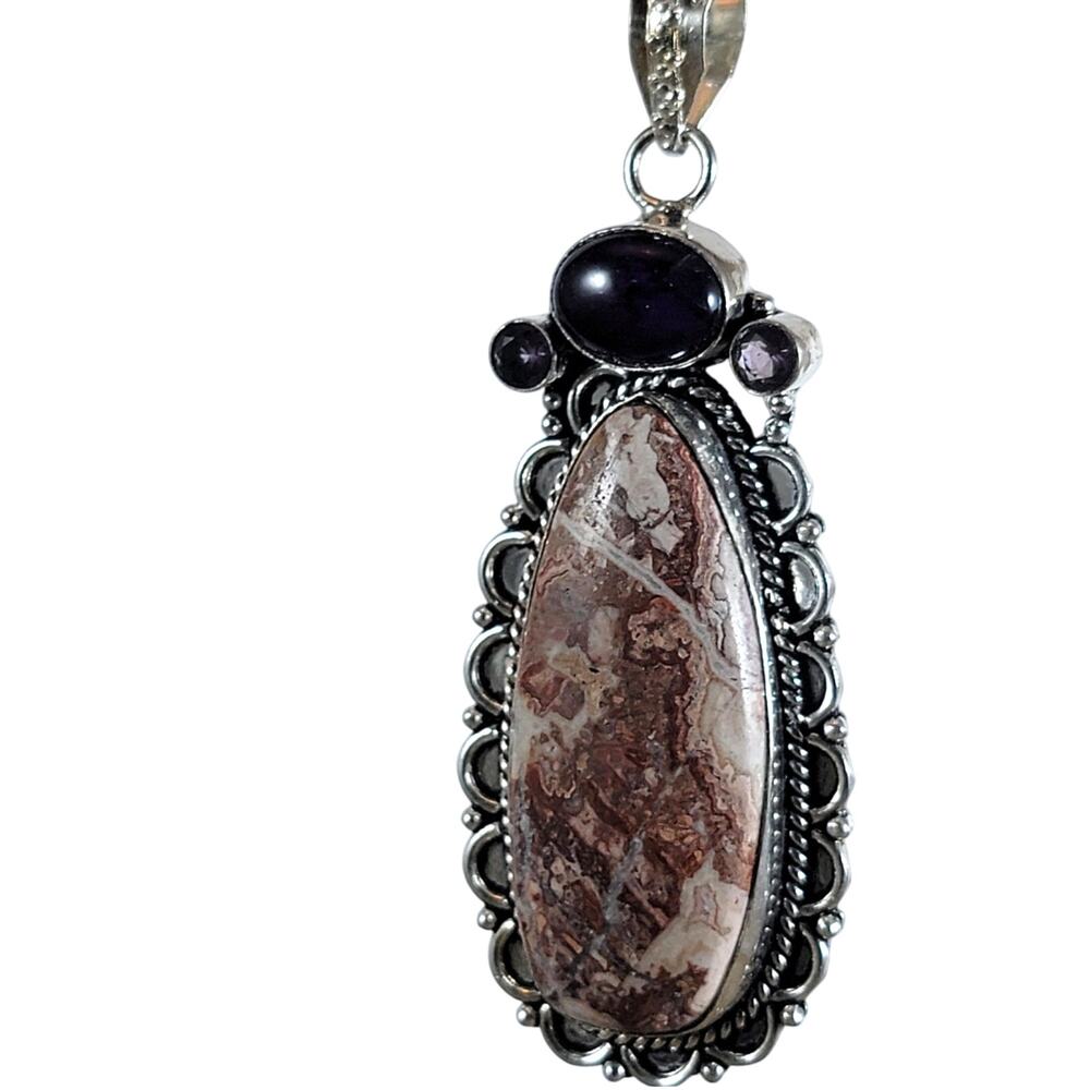 Handmade Silver Pendant – Jasper with Amethyst Accents + 20" Silver Chain